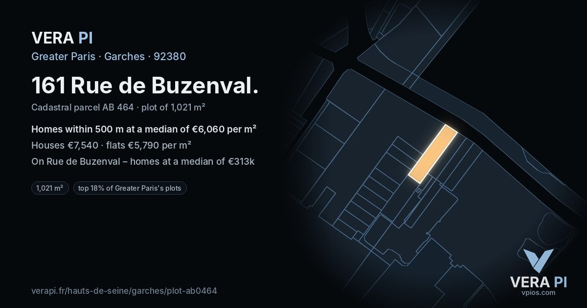 161 Rue de Buzenval, Garches at night – the plot lit, the parcels around coloured by the prices near them