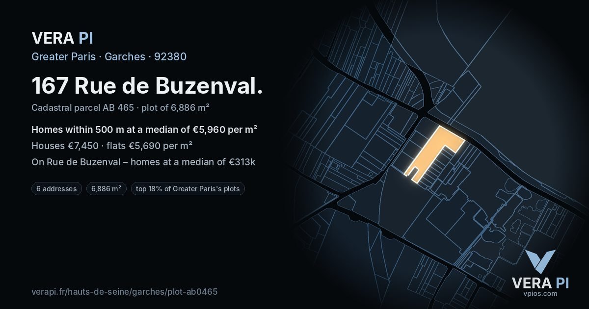 167 Rue de Buzenval, Garches at night – the plot lit, the parcels around coloured by the prices near them