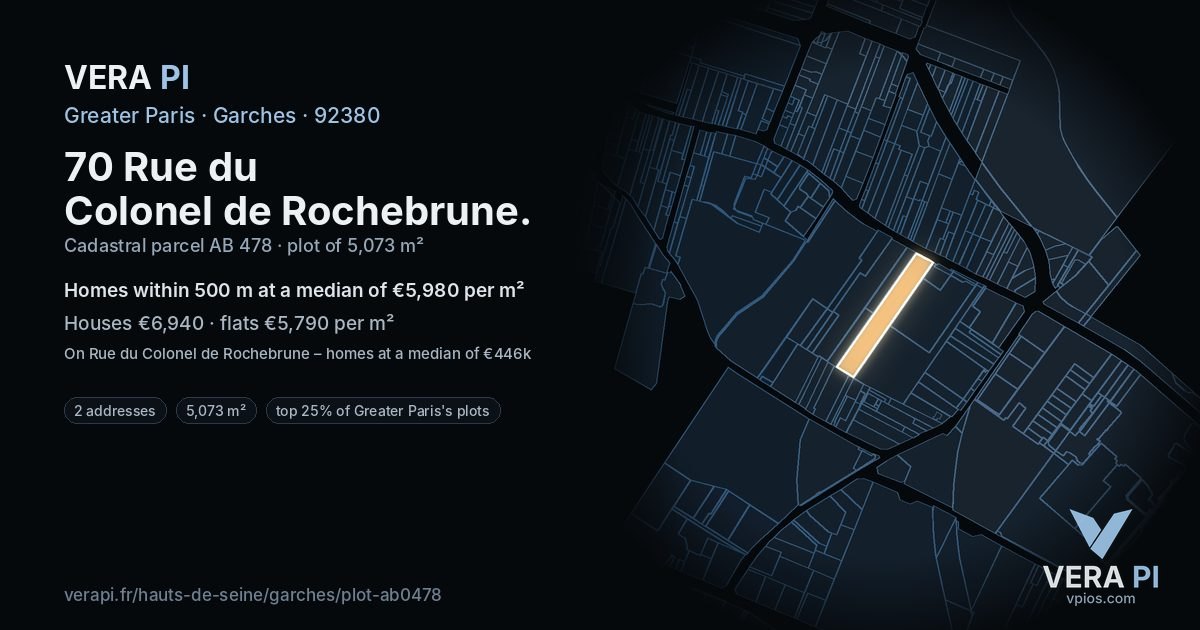 70 Rue du Colonel de Rochebrune, Garches at night – the plot lit, the parcels around coloured by the prices near them