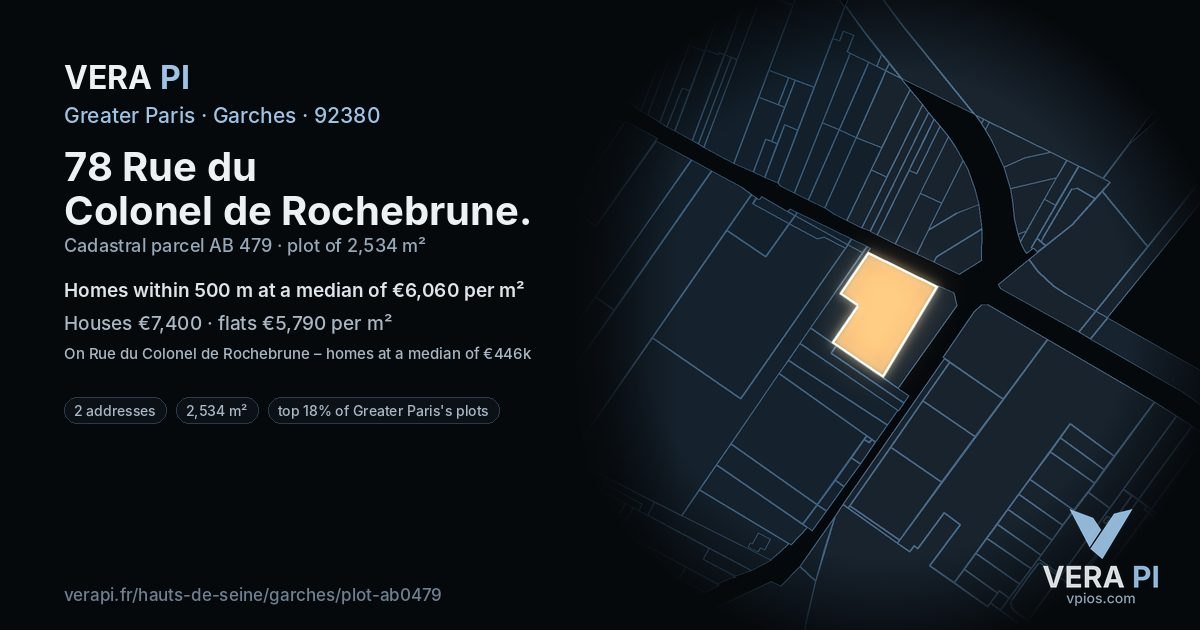 78 Rue du Colonel de Rochebrune, Garches at night – the plot lit, the parcels around coloured by the prices near them