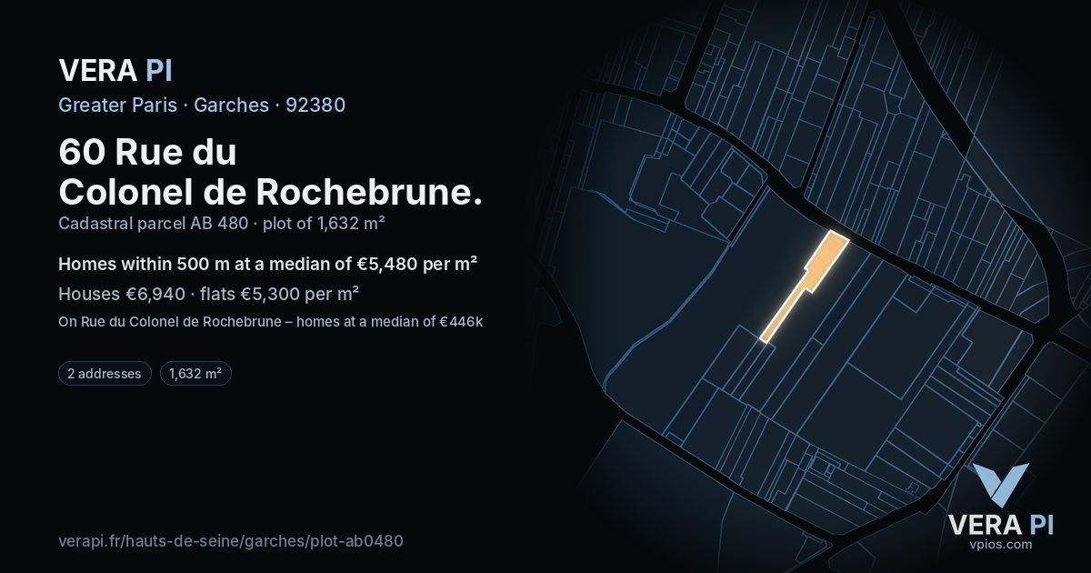 60 Rue du Colonel de Rochebrune, Garches at night – the plot lit, the parcels around coloured by the prices near them