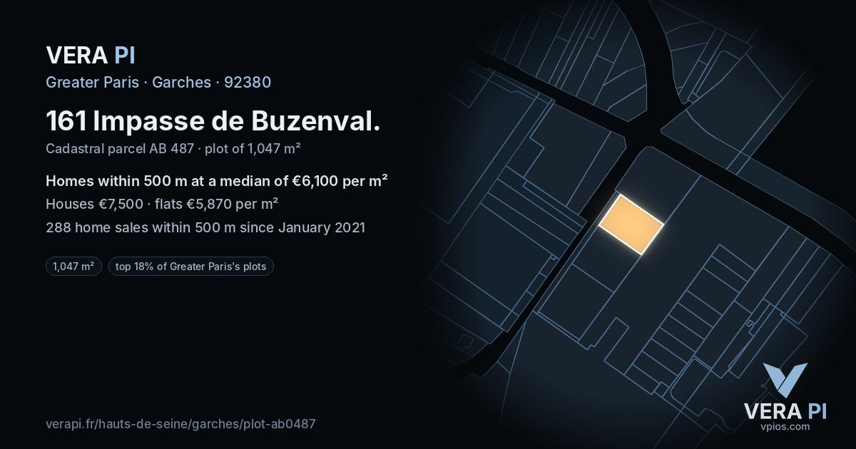 161 Impasse de Buzenval, Garches at night – the plot lit, the parcels around coloured by the prices near them