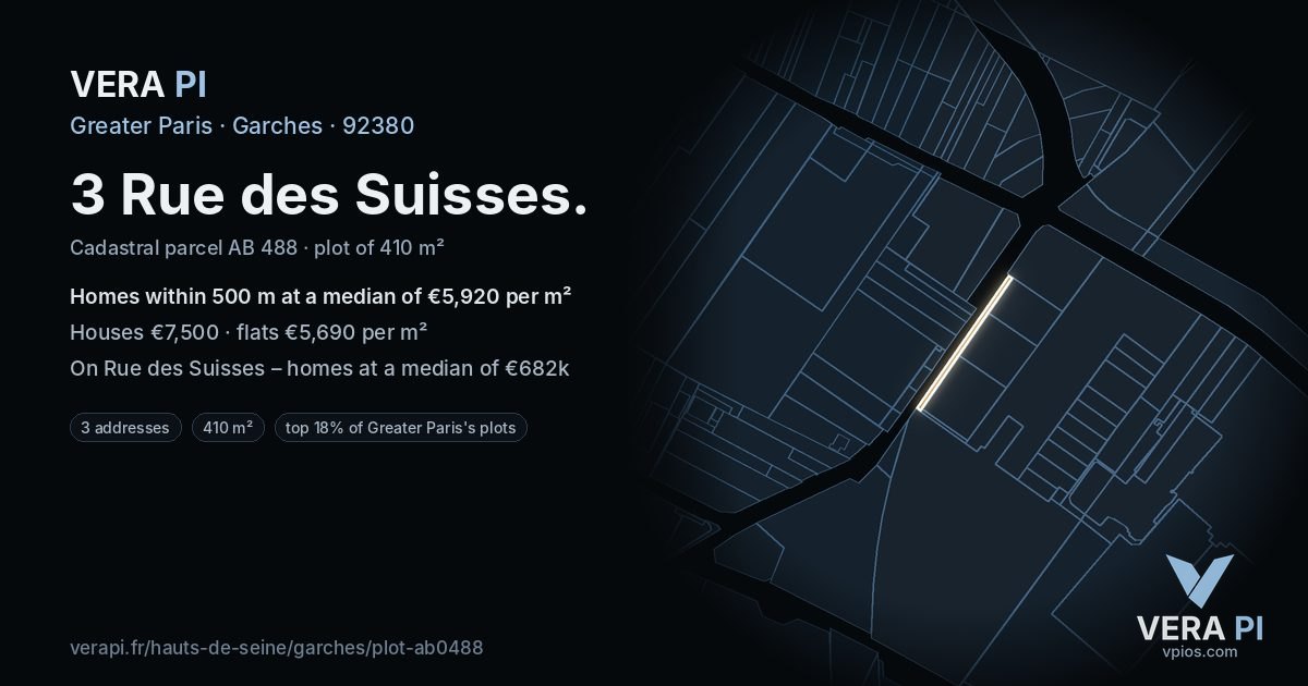 3 Rue des Suisses, Garches at night – the plot lit, the parcels around coloured by the prices near them