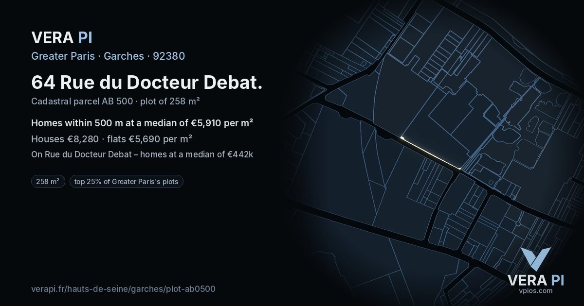 64 Rue du Docteur Debat, Garches at night – the plot lit, the parcels around coloured by the prices near them