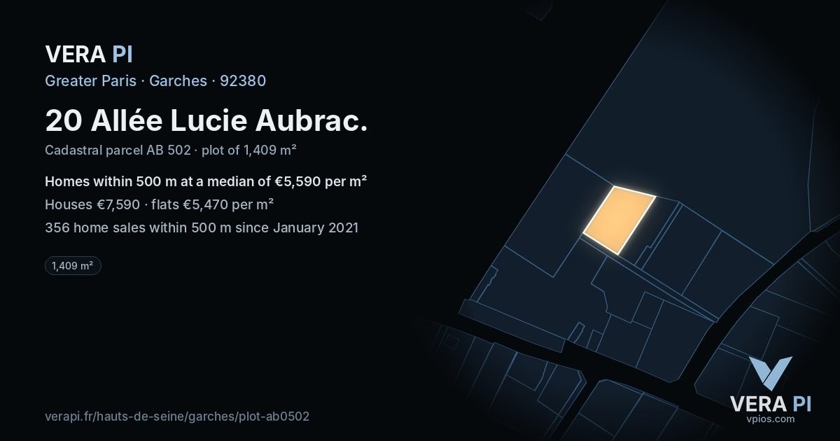 20 Allée Lucie Aubrac, Garches at night – the plot lit, the parcels around coloured by the prices near them