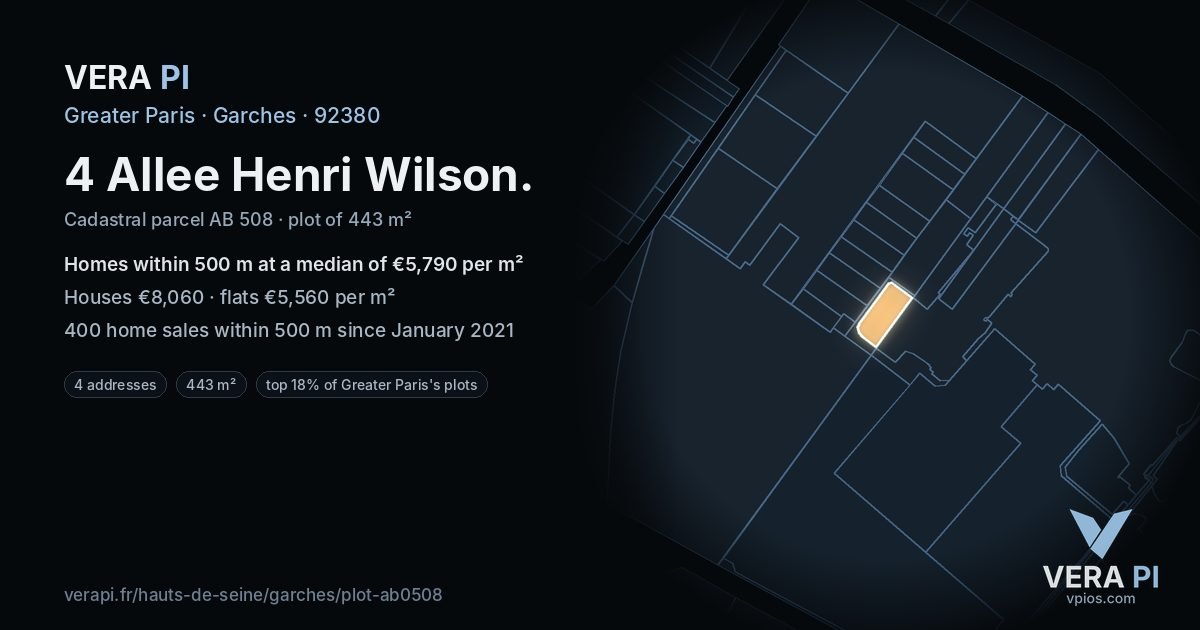 4 Allee Henri Wilson, Garches at night – the plot lit, the parcels around coloured by the prices near them