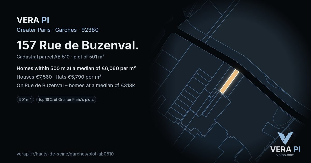 157 Rue de Buzenval, Garches at night – the plot lit, the parcels around coloured by the prices near them