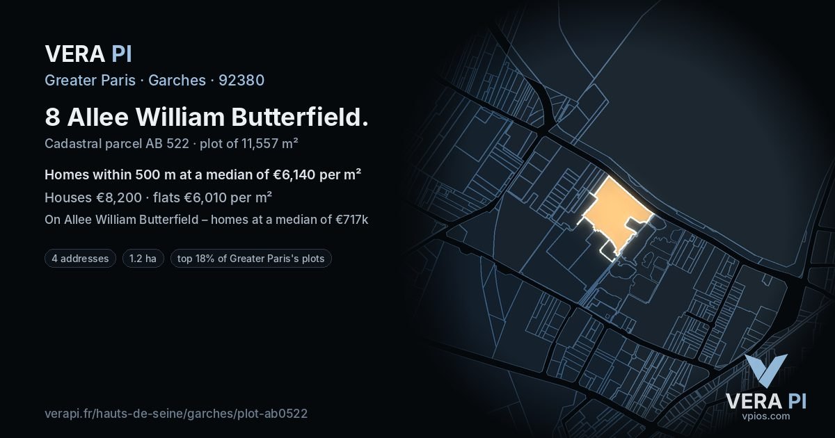 8 Allee William Butterfield, Garches at night – the plot lit, the parcels around coloured by the prices near them