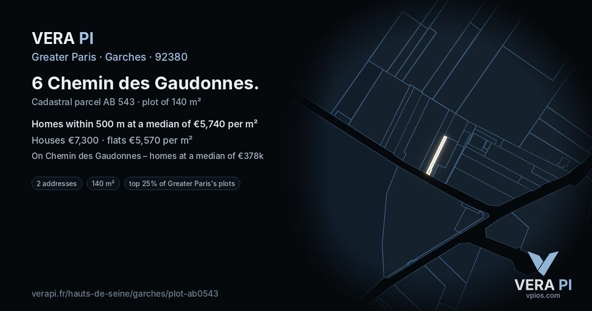 6 Chemin des Gaudonnes, Garches at night – the plot lit, the parcels around coloured by the prices near them