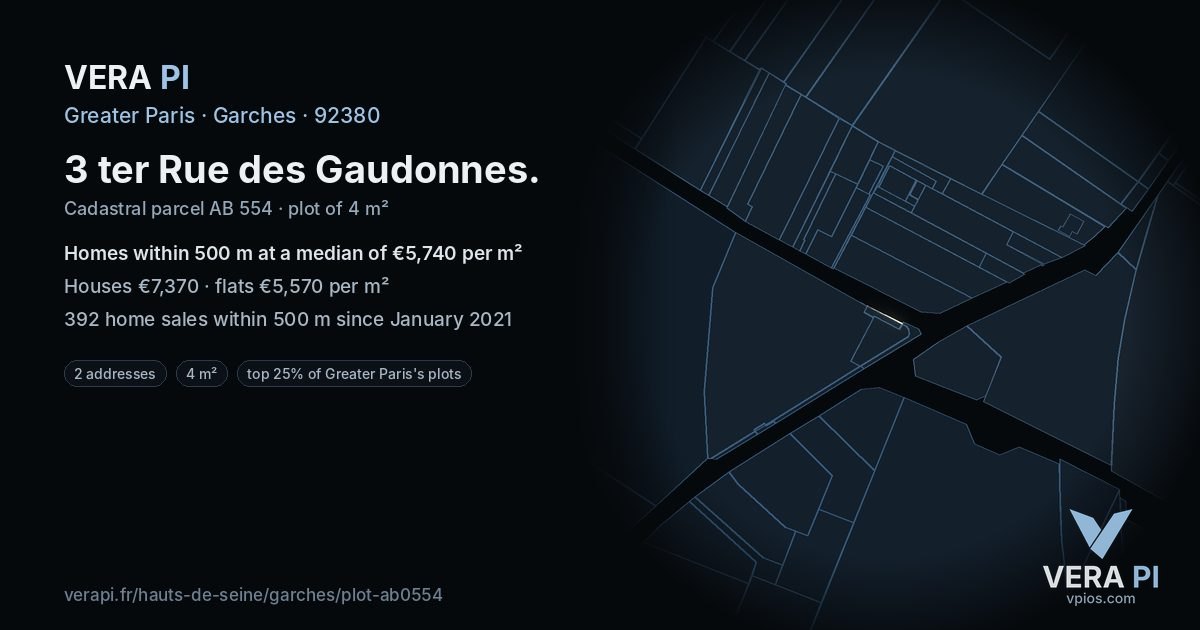 3 ter Rue des Gaudonnes, Garches at night – the plot lit, the parcels around coloured by the prices near them