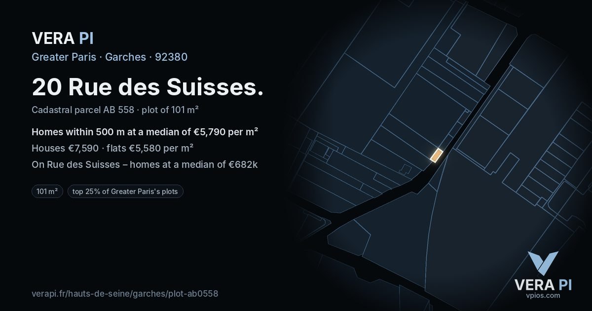 20 Rue des Suisses, Garches at night – the plot lit, the parcels around coloured by the prices near them