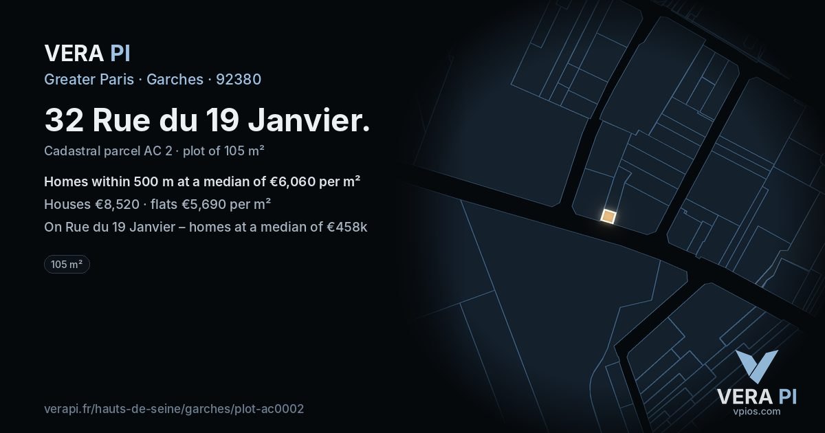 32 Rue du 19 Janvier, Garches at night – the plot lit, the parcels around coloured by the prices near them
