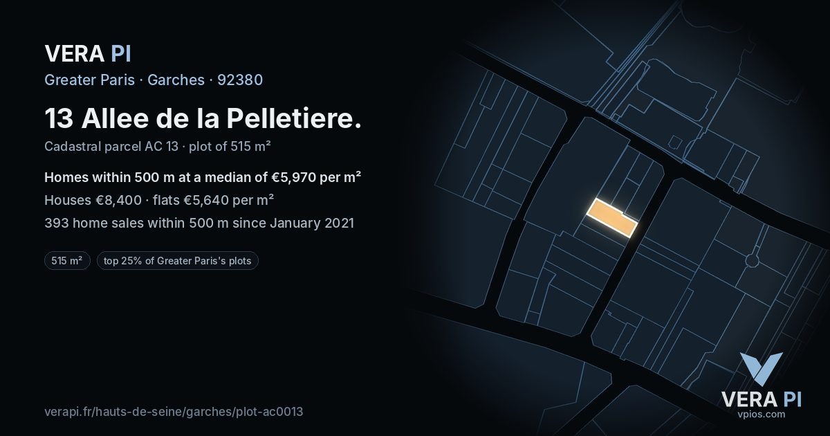 13 Allee de la Pelletiere, Garches at night – the plot lit, the parcels around coloured by the prices near them