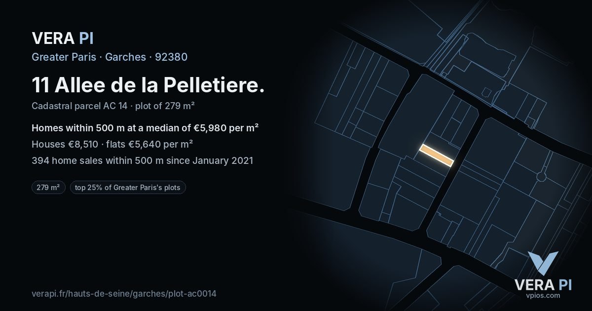 11 Allee de la Pelletiere, Garches at night – the plot lit, the parcels around coloured by the prices near them