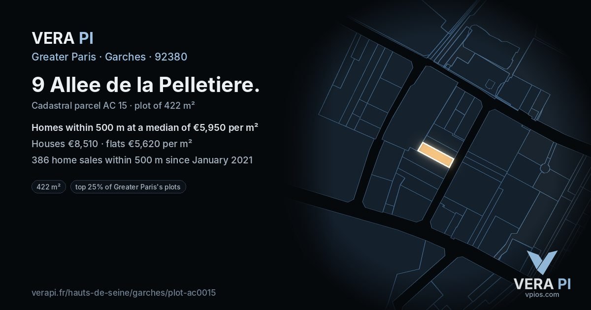 9 Allee de la Pelletiere, Garches at night – the plot lit, the parcels around coloured by the prices near them