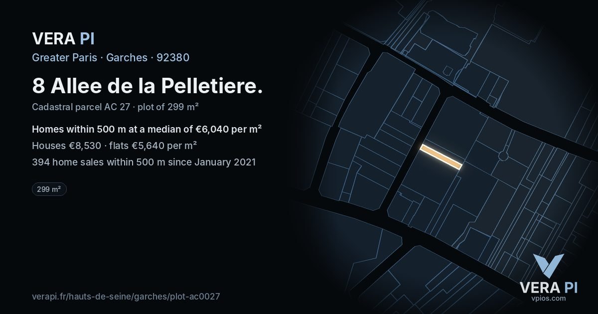 8 Allee de la Pelletiere, Garches at night – the plot lit, the parcels around coloured by the prices near them