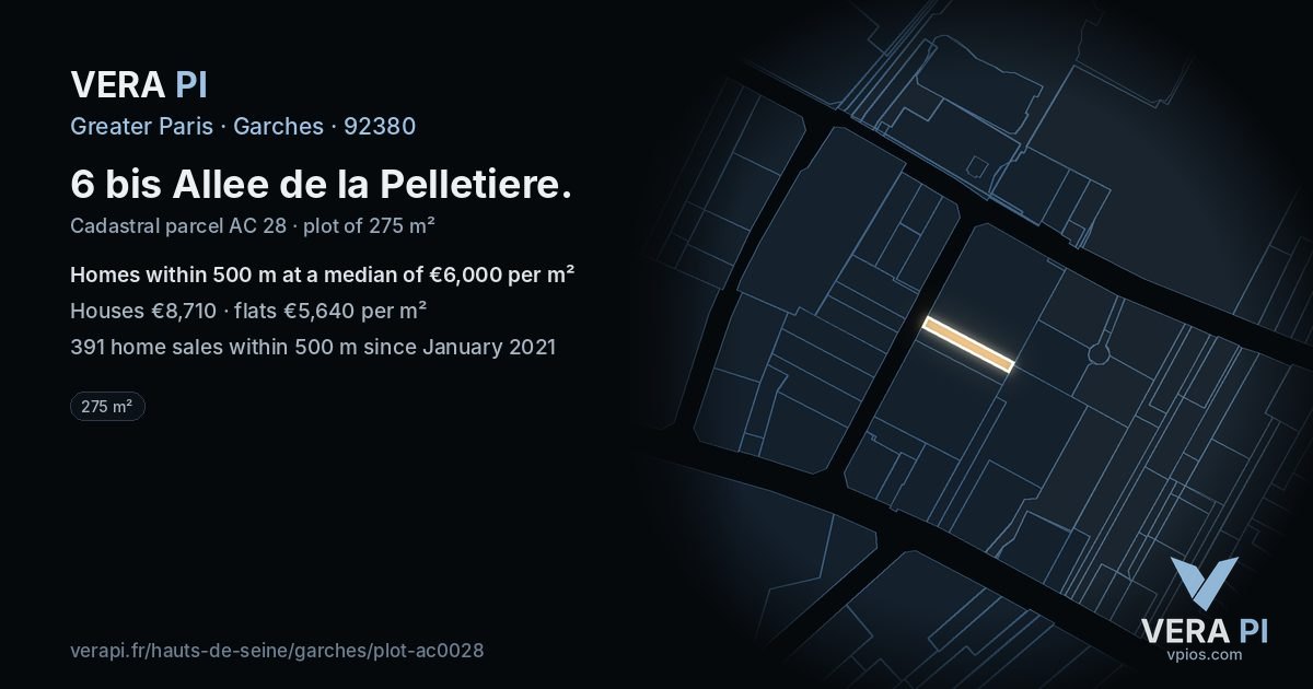 6 bis Allee de la Pelletiere, Garches at night – the plot lit, the parcels around coloured by the prices near them