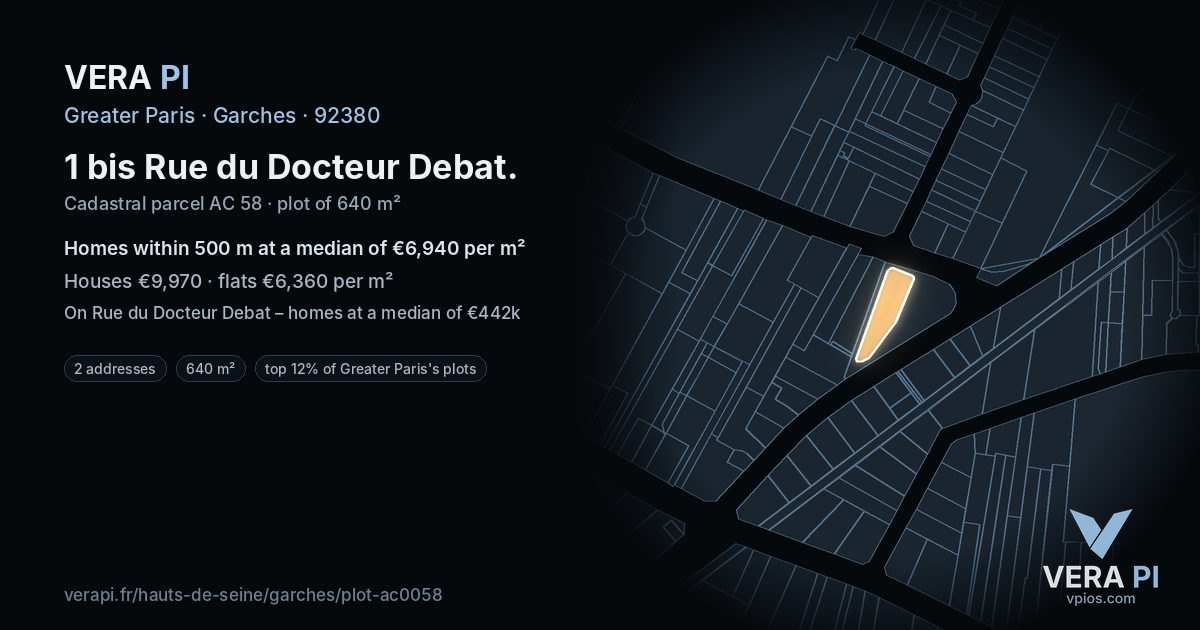 1 bis Rue du Docteur Debat, Garches at night – the plot lit, the parcels around coloured by the prices near them