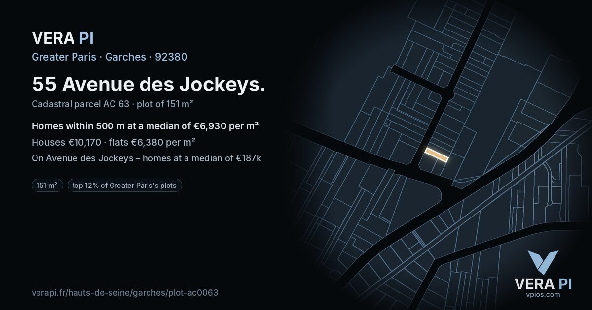 55 Avenue des Jockeys, Garches at night – the plot lit, the parcels around coloured by the prices near them