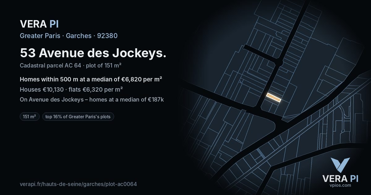 53 Avenue des Jockeys, Garches at night – the plot lit, the parcels around coloured by the prices near them