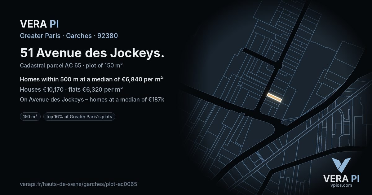 51 Avenue des Jockeys, Garches at night – the plot lit, the parcels around coloured by the prices near them