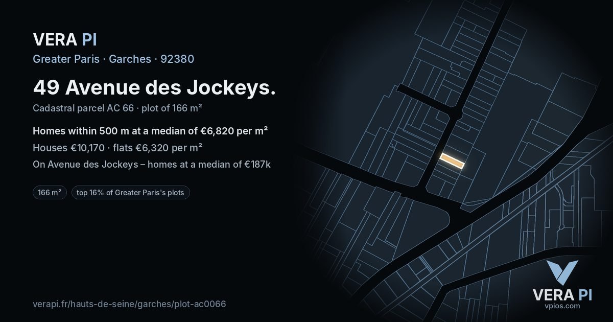 49 Avenue des Jockeys, Garches at night – the plot lit, the parcels around coloured by the prices near them