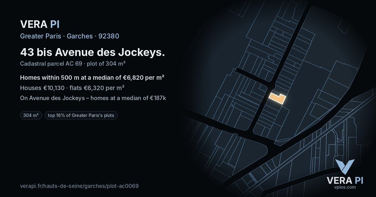 43 bis Avenue des Jockeys, Garches at night – the plot lit, the parcels around coloured by the prices near them