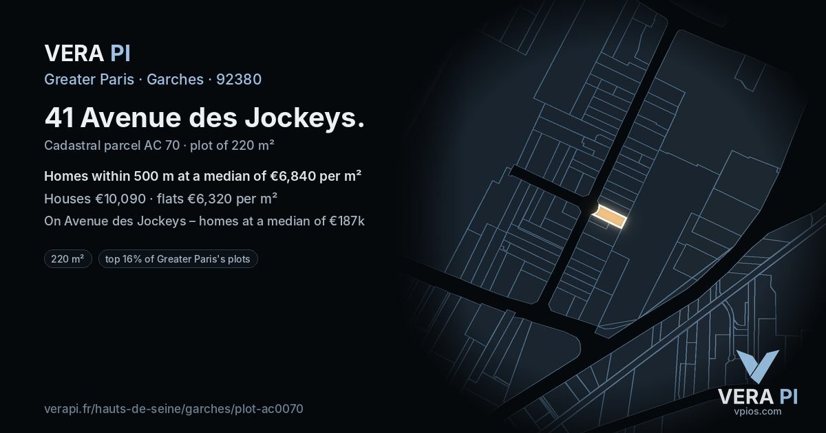 41 Avenue des Jockeys, Garches at night – the plot lit, the parcels around coloured by the prices near them