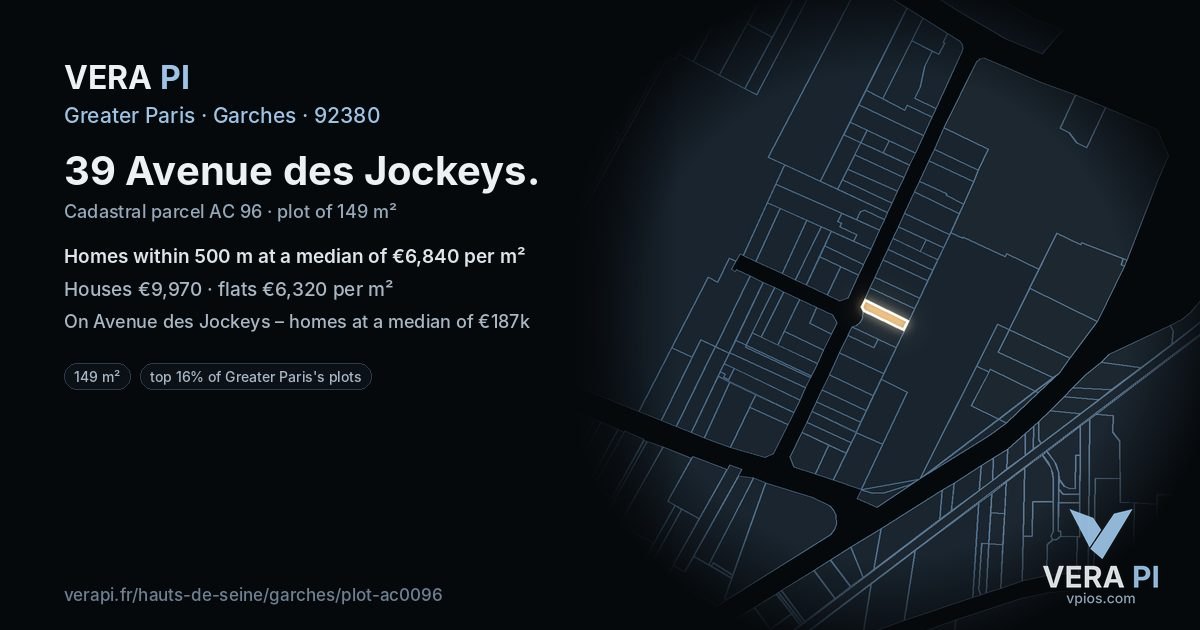 39 Avenue des Jockeys, Garches at night – the plot lit, the parcels around coloured by the prices near them