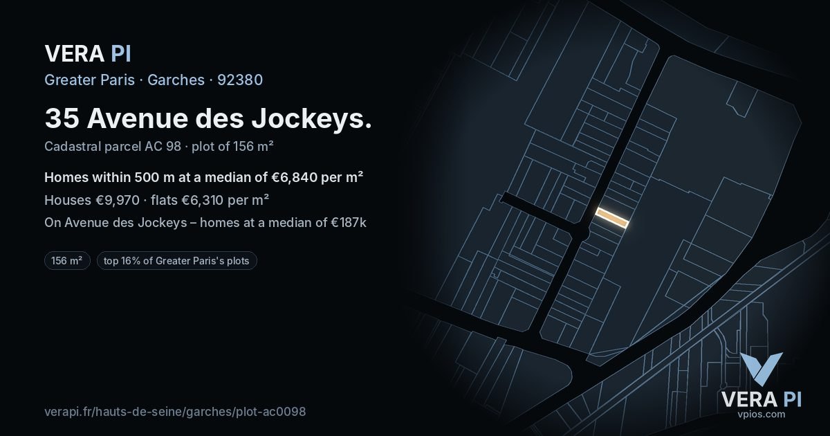 35 Avenue des Jockeys, Garches at night – the plot lit, the parcels around coloured by the prices near them