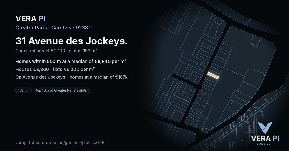 31 Avenue des Jockeys, Garches at night – the plot lit, the parcels around coloured by the prices near them