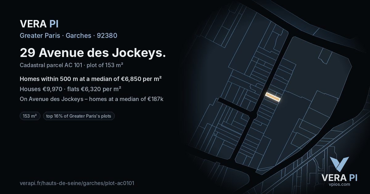 29 Avenue des Jockeys, Garches at night – the plot lit, the parcels around coloured by the prices near them