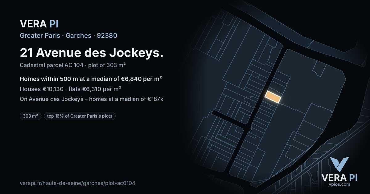 21 Avenue des Jockeys, Garches at night – the plot lit, the parcels around coloured by the prices near them