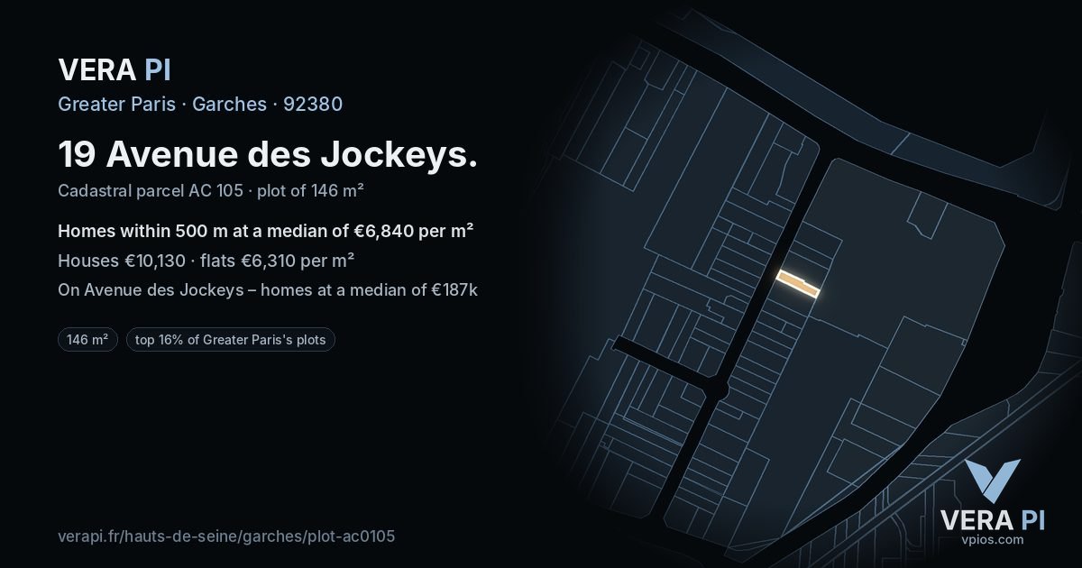 19 Avenue des Jockeys, Garches at night – the plot lit, the parcels around coloured by the prices near them