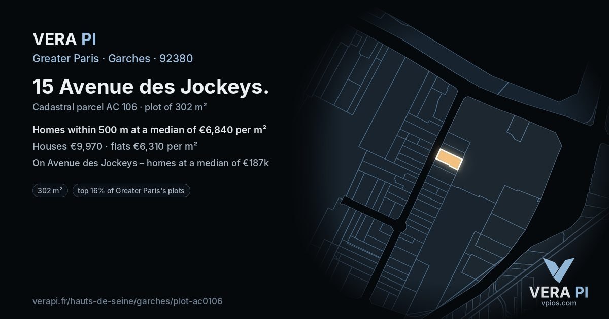 15 Avenue des Jockeys, Garches at night – the plot lit, the parcels around coloured by the prices near them