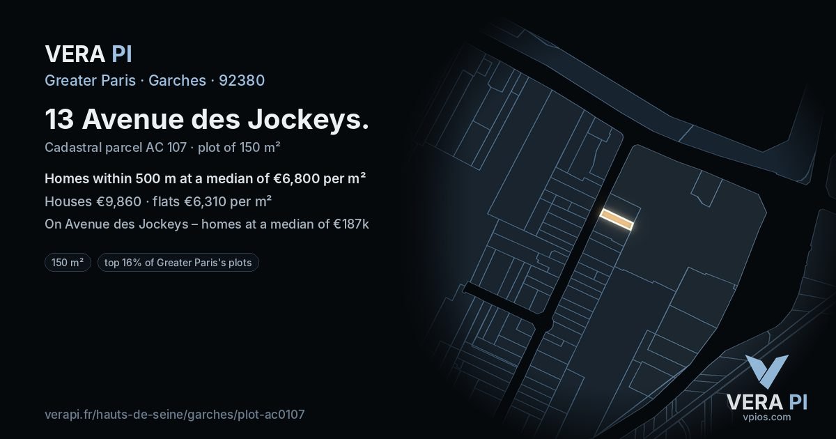 13 Avenue des Jockeys, Garches at night – the plot lit, the parcels around coloured by the prices near them
