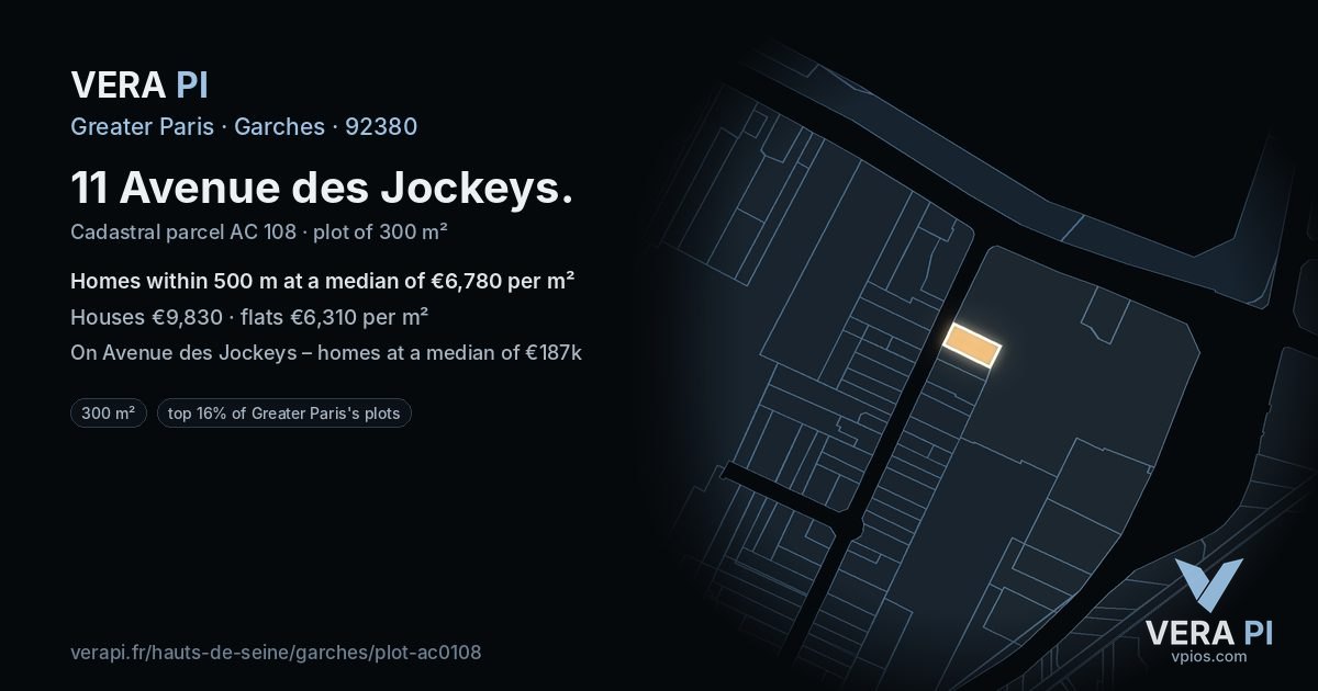 11 Avenue des Jockeys, Garches at night – the plot lit, the parcels around coloured by the prices near them