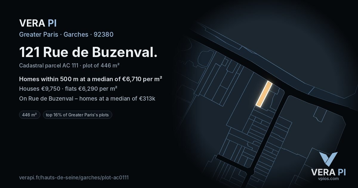 121 Rue de Buzenval, Garches at night – the plot lit, the parcels around coloured by the prices near them