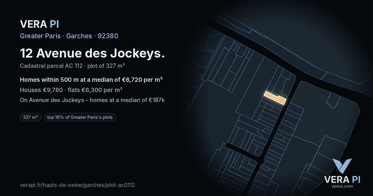 12 Avenue des Jockeys, Garches at night – the plot lit, the parcels around coloured by the prices near them