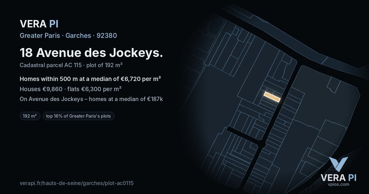 18 Avenue des Jockeys, Garches at night – the plot lit, the parcels around coloured by the prices near them