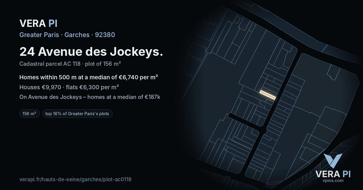 24 Avenue des Jockeys, Garches at night – the plot lit, the parcels around coloured by the prices near them