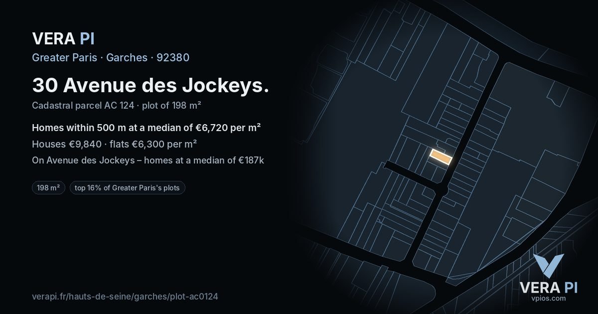 30 Avenue des Jockeys, Garches at night – the plot lit, the parcels around coloured by the prices near them