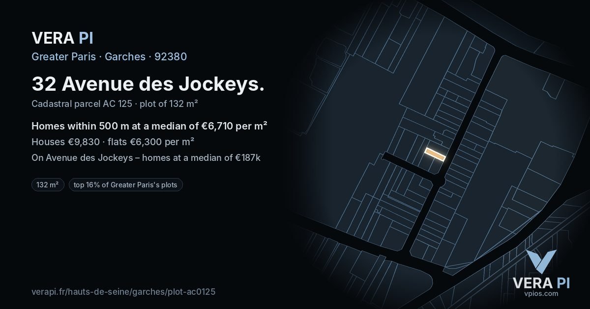 32 Avenue des Jockeys, Garches at night – the plot lit, the parcels around coloured by the prices near them