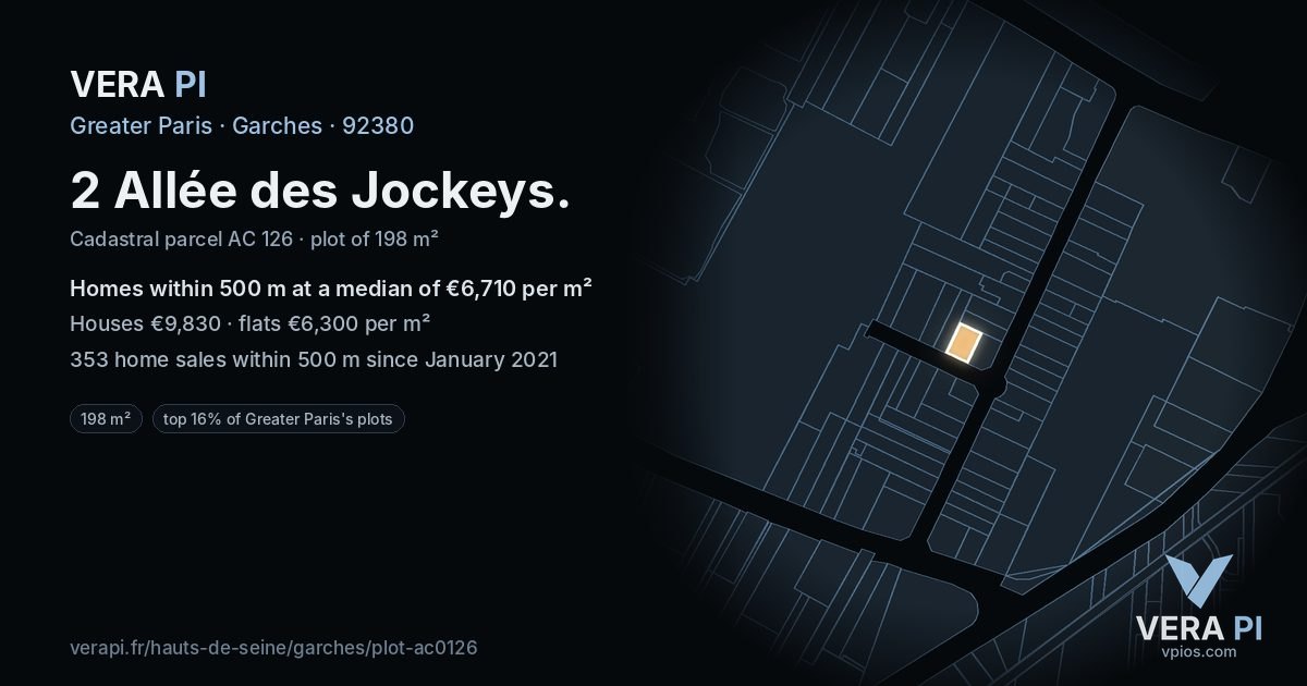 2 Allée des Jockeys, Garches at night – the plot lit, the parcels around coloured by the prices near them