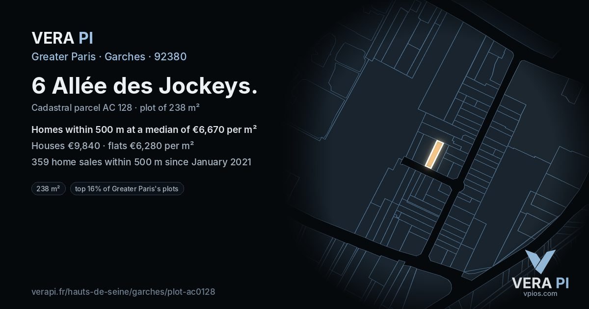 6 Allée des Jockeys, Garches at night – the plot lit, the parcels around coloured by the prices near them
