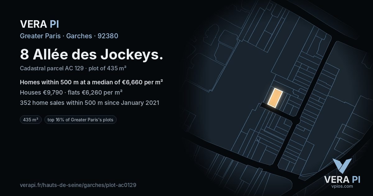 8 Allée des Jockeys, Garches at night – the plot lit, the parcels around coloured by the prices near them