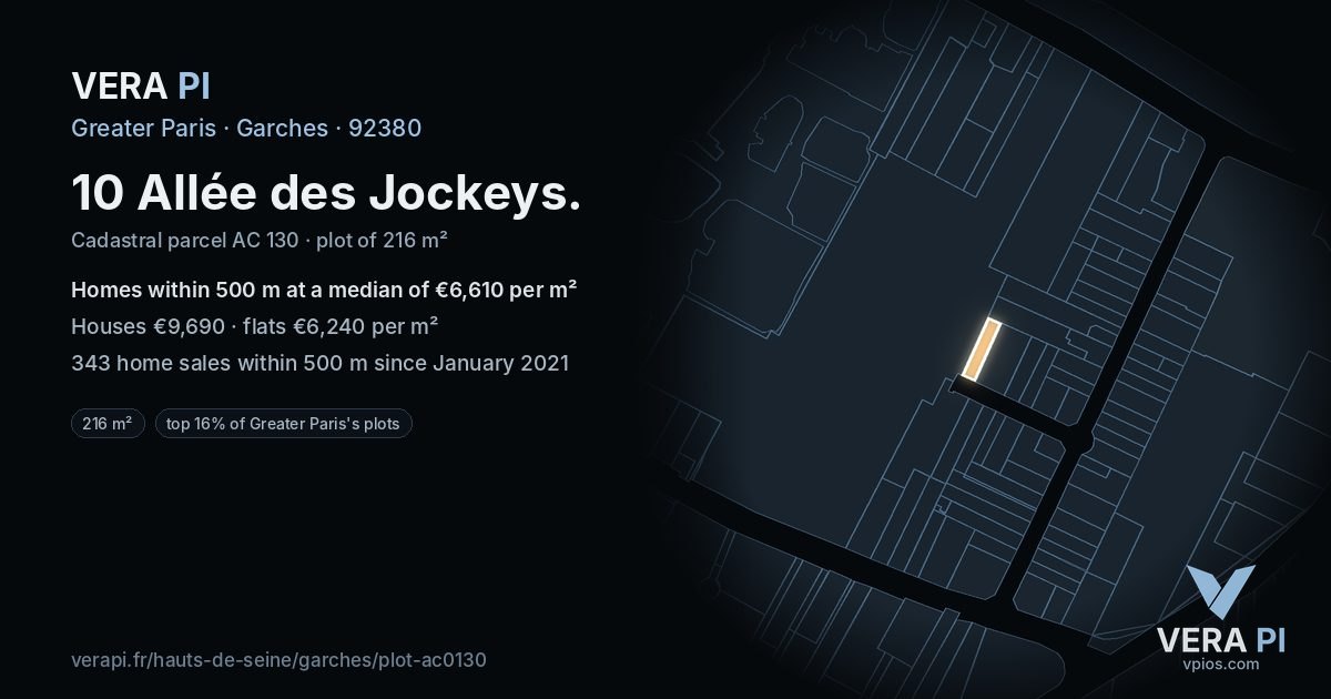 10 Allée des Jockeys, Garches at night – the plot lit, the parcels around coloured by the prices near them