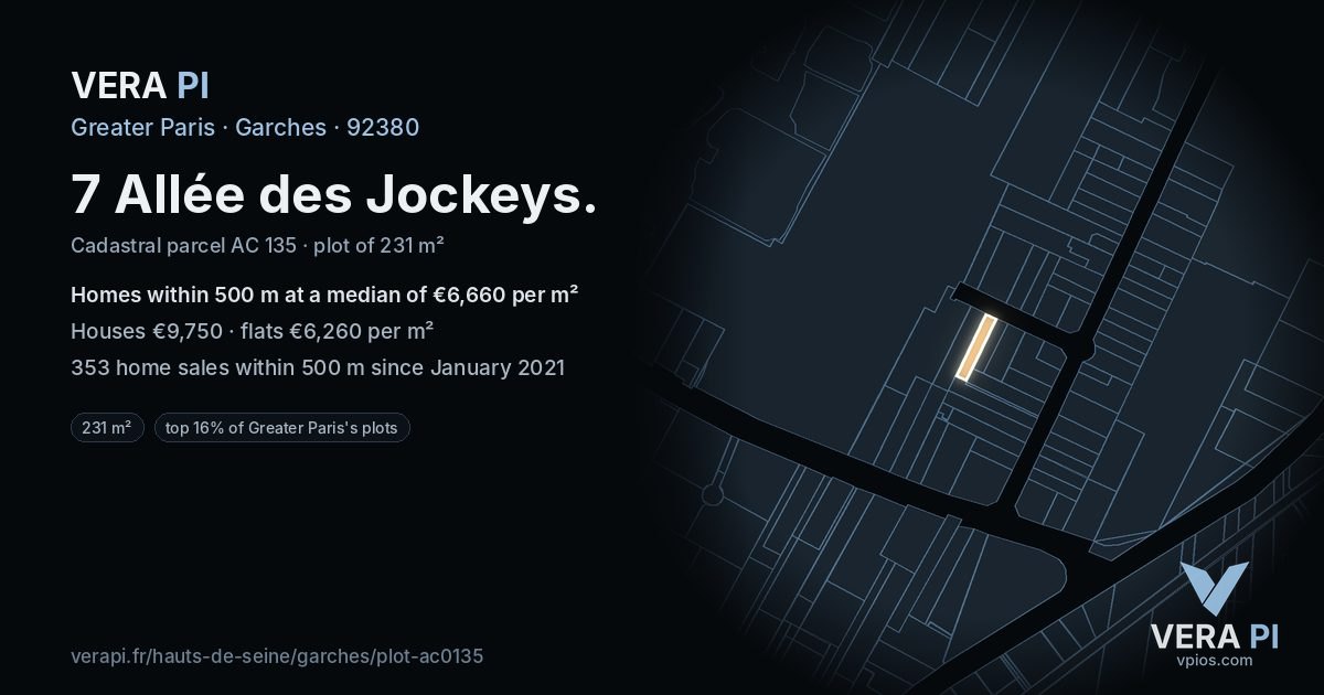 7 Allée des Jockeys, Garches at night – the plot lit, the parcels around coloured by the prices near them
