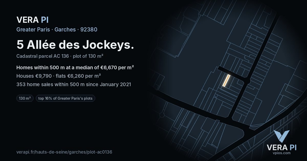 5 Allée des Jockeys, Garches at night – the plot lit, the parcels around coloured by the prices near them
