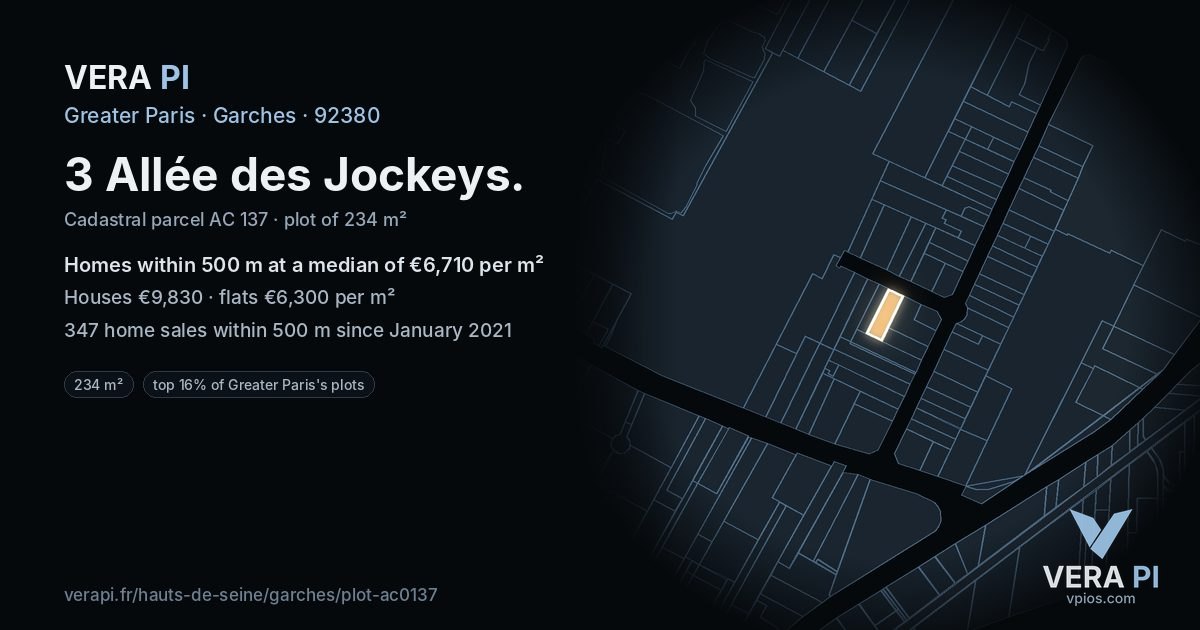 3 Allée des Jockeys, Garches at night – the plot lit, the parcels around coloured by the prices near them